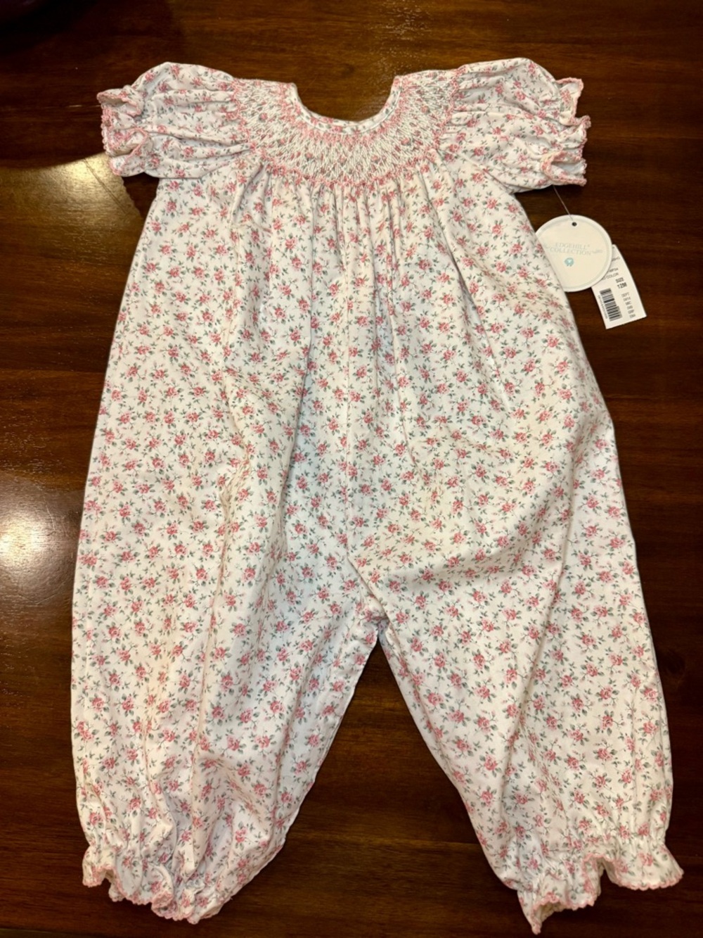 Edgehill Collection Pink and White Floral Smocked One-Piece Romper